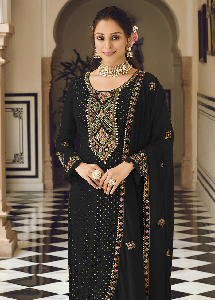 3 Pc Black Semi Stitched Georgette Suit Set