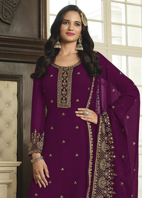 3 Pc Purple Semi Stitched Georgette Suit Set