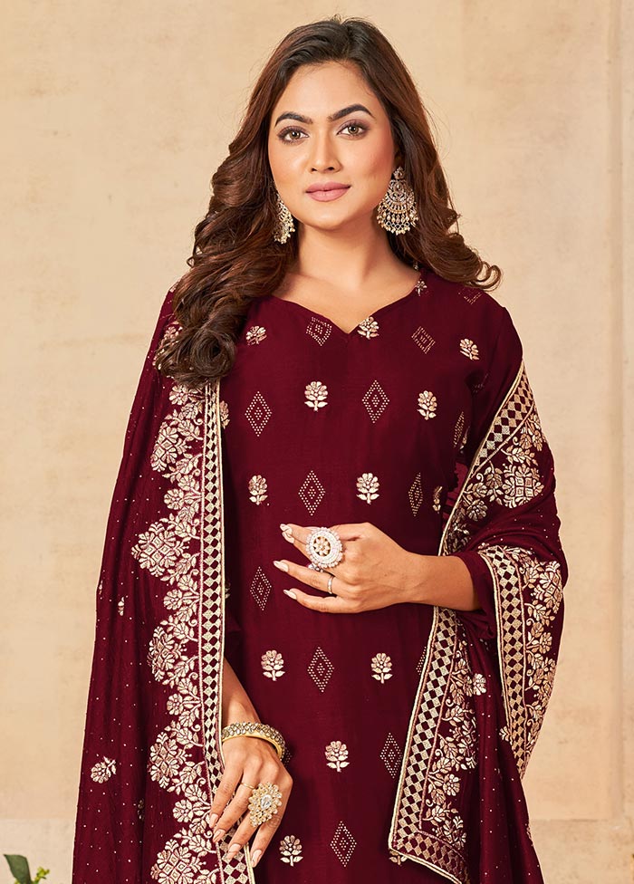 3 Pc Maroon Semi Stitched Georgette Suit Set