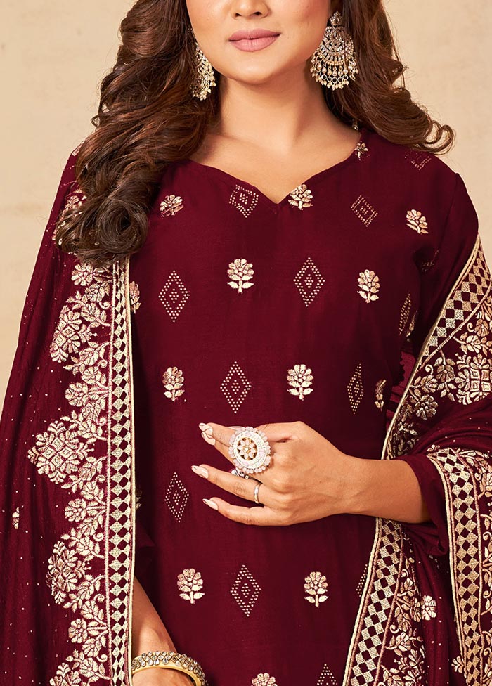 3 Pc Maroon Semi Stitched Georgette Suit Set