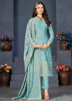 3 Pc Sky Blue Semi Stitched Georgette Suit Set