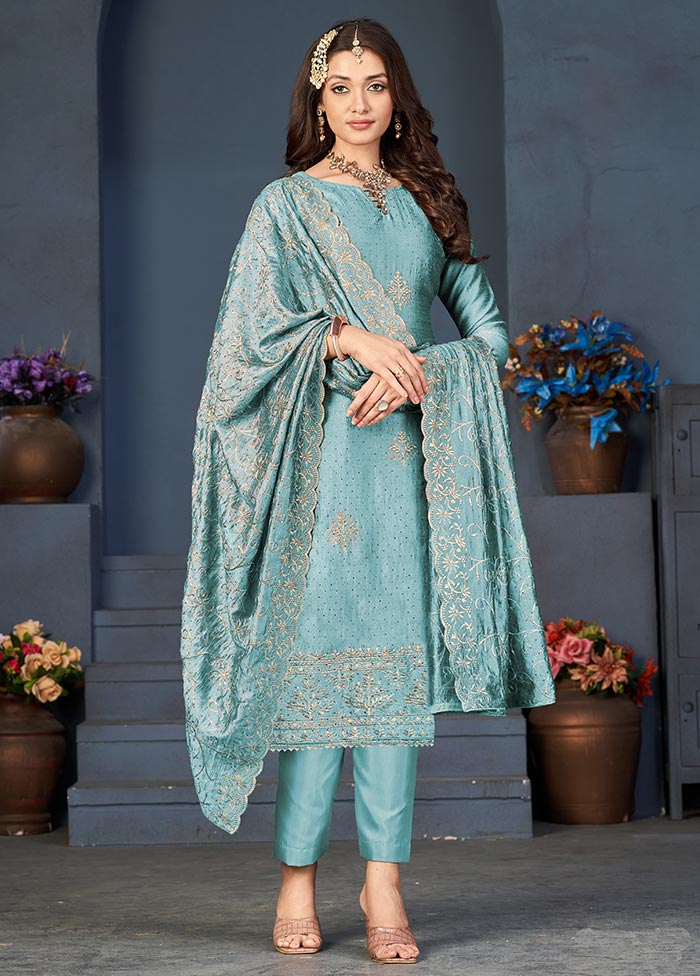 3 Pc Sky Blue Semi Stitched Georgette Suit Set