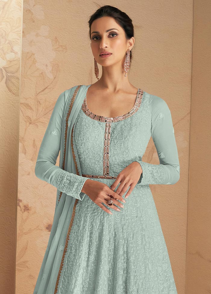 3 Pc Sky Blue Semi Stitched Georgette Suit Set