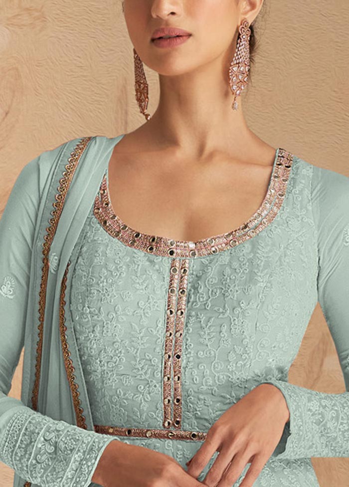 3 Pc Sky Blue Semi Stitched Georgette Suit Set