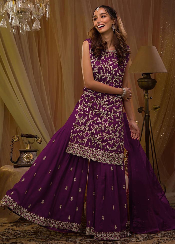 3 Pc Purple Semi Stitched Georgette Suit Set