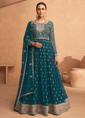 3 Pc Teal Blue Semi Stitched Georgette Suit Set