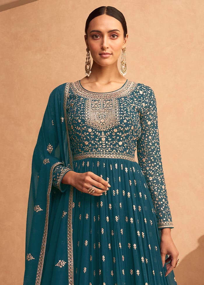 3 Pc Teal Blue Semi Stitched Georgette Suit Set