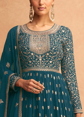 3 Pc Teal Blue Semi Stitched Georgette Suit Set