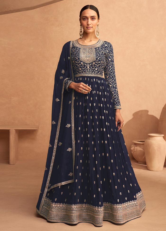 3 Pc Navy Blue Semi Stitched Georgette Suit Set