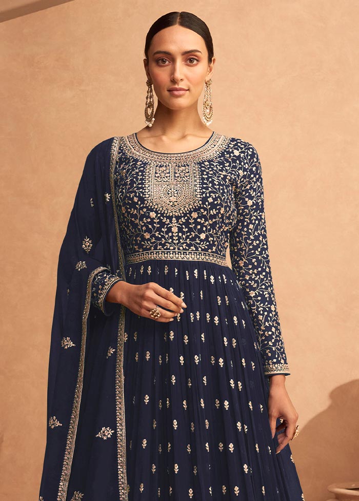 3 Pc Navy Blue Semi Stitched Georgette Suit Set