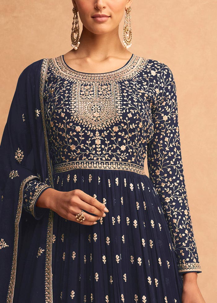 3 Pc Navy Blue Semi Stitched Georgette Suit Set