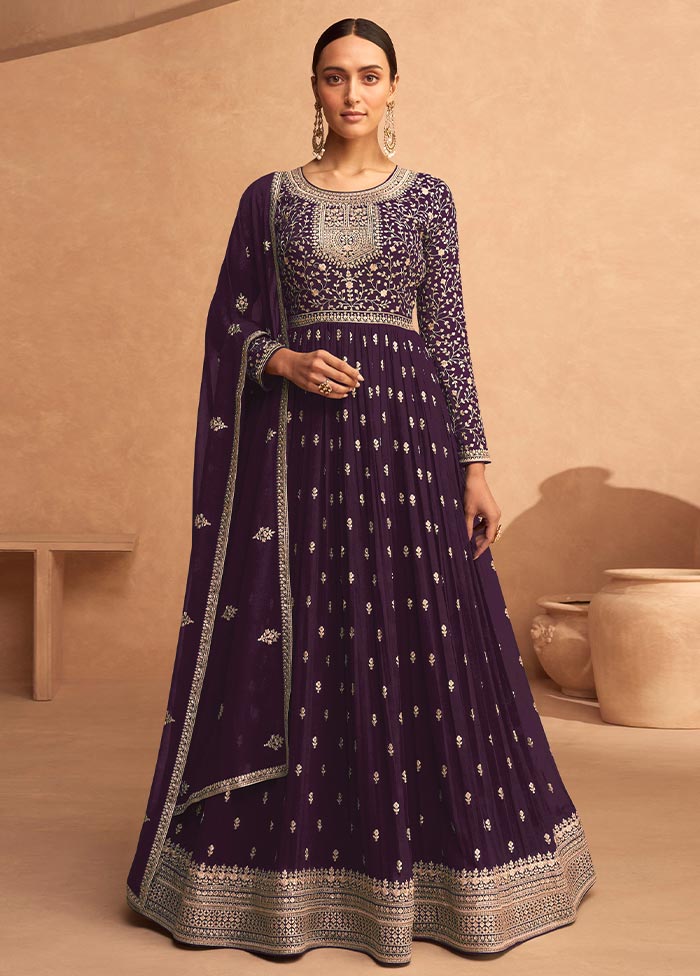 3 Pc Purple Semi Stitched Georgette Suit Set