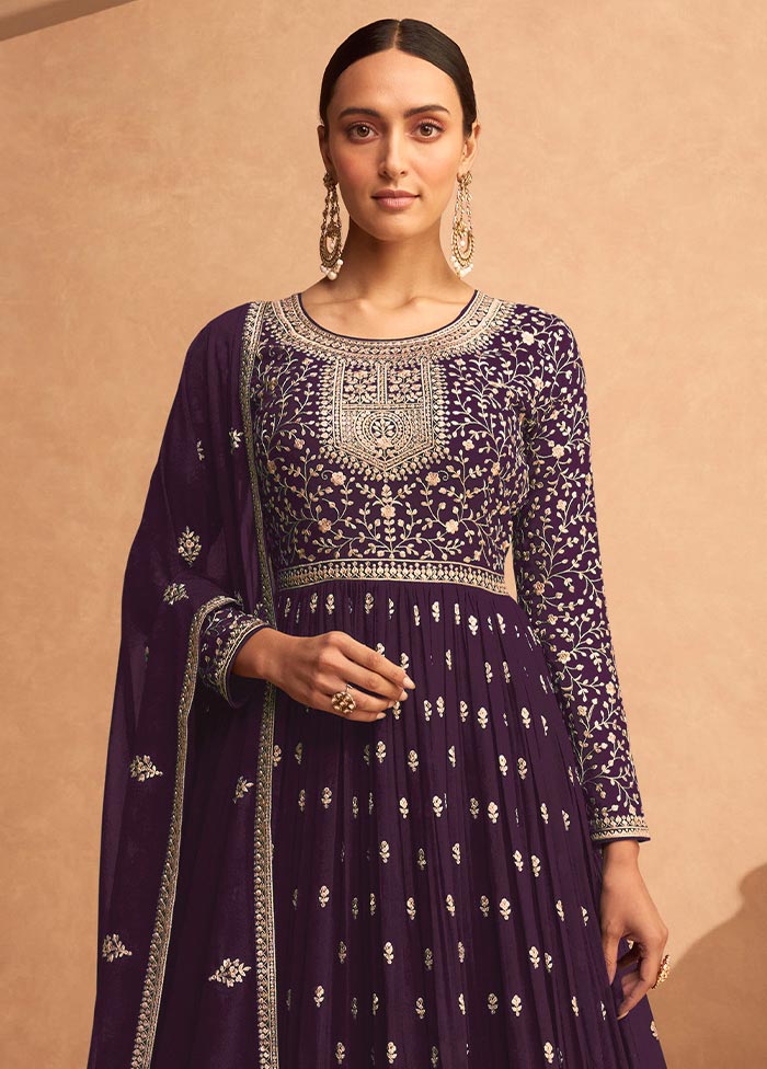 3 Pc Purple Semi Stitched Georgette Suit Set