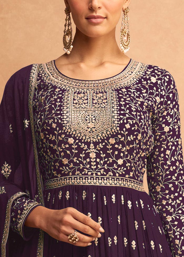 3 Pc Purple Semi Stitched Georgette Suit Set