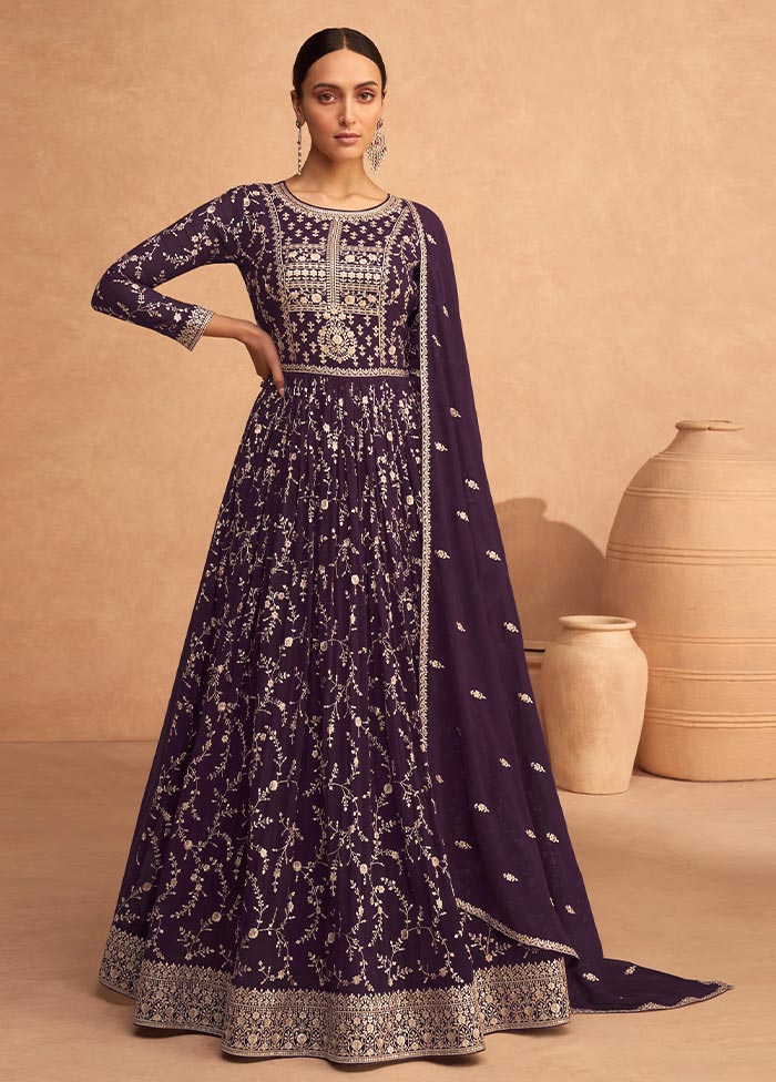 3 Pc Purple Semi Stitched Georgette Suit Set