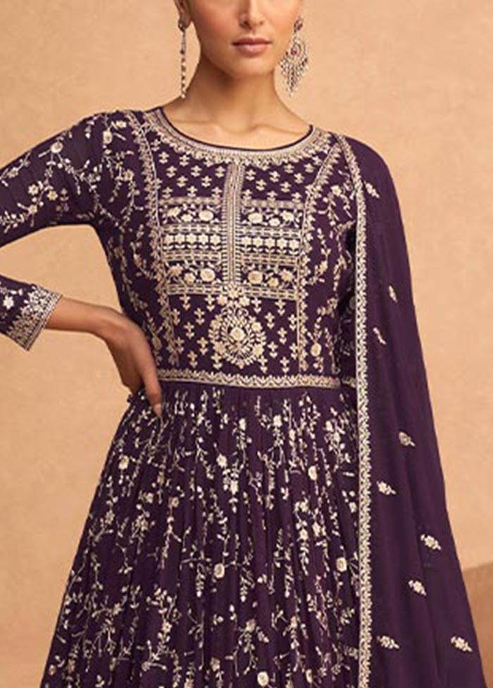 3 Pc Purple Semi Stitched Georgette Suit Set