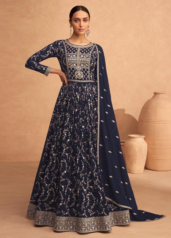 3 Pc Navy Blue Semi Stitched Georgette Suit Set