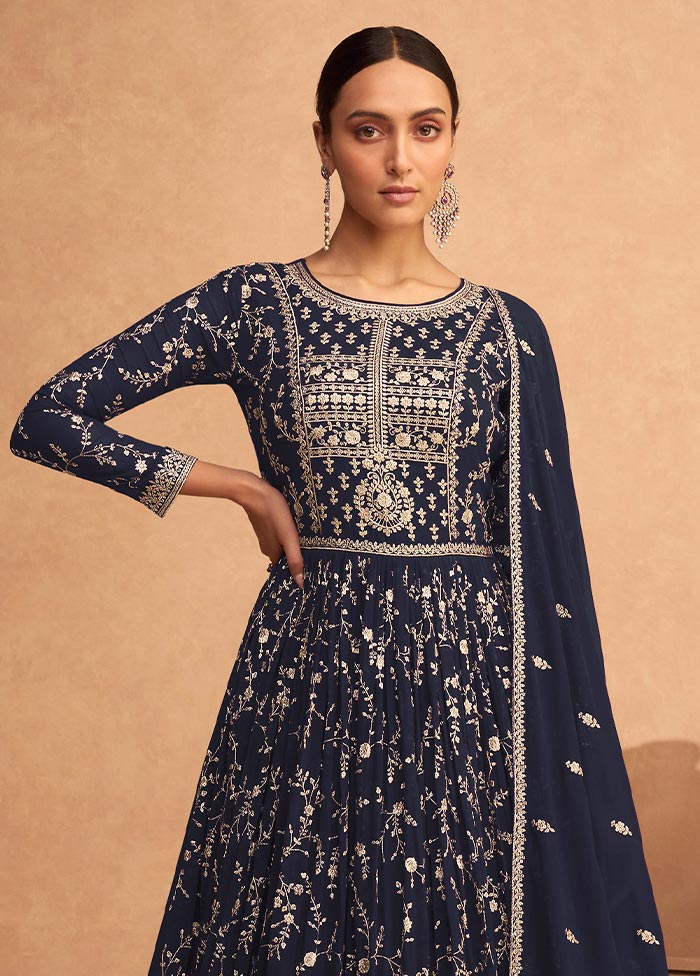 3 Pc Navy Blue Semi Stitched Georgette Suit Set