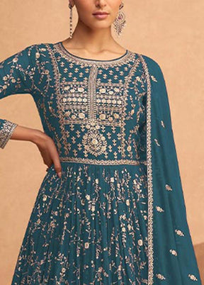 3 Pc Teal Semi Stitched Georgette Suit Set