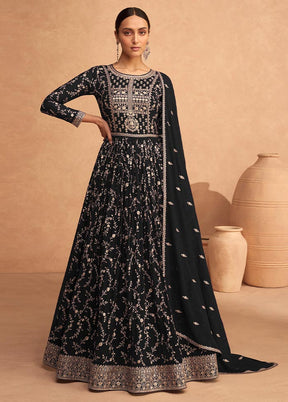 3 Pc Black Semi Stitched Georgette Suit Set