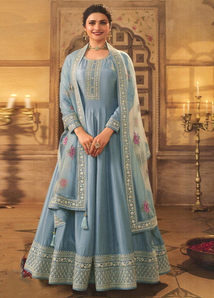 3 Pc Sky Blue Semi Stitched Silk Suit Set