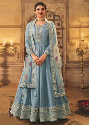 3 Pc Sky Blue Semi Stitched Silk Suit Set