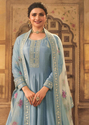 3 Pc Sky Blue Semi Stitched Silk Suit Set