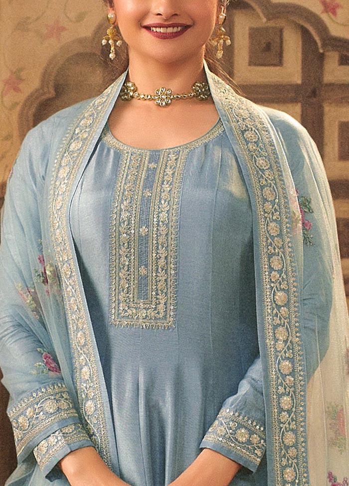 3 Pc Sky Blue Semi Stitched Silk Suit Set