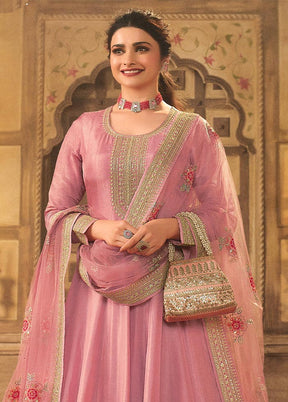 3 Pc Pink Semi Stitched Silk Suit Set