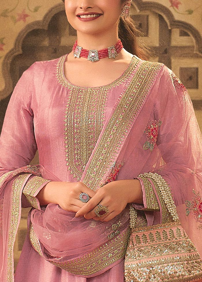 3 Pc Pink Semi Stitched Silk Suit Set