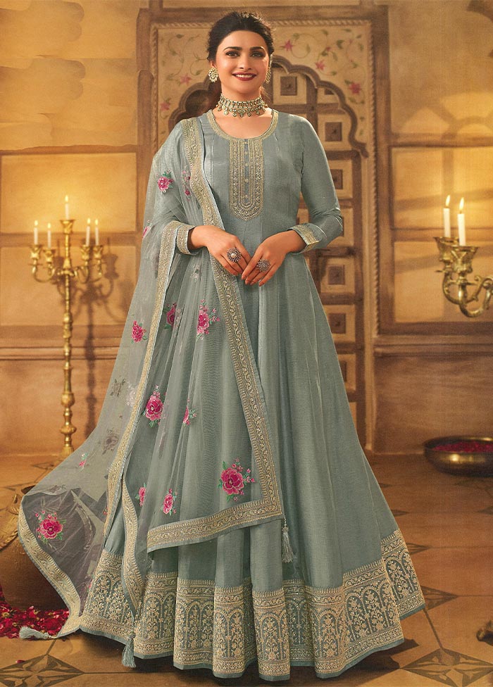 3 Pc Blue Semi Stitched Silk Suit Set