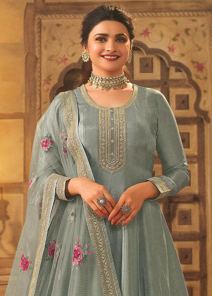 3 Pc Blue Semi Stitched Silk Suit Set