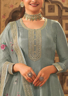 3 Pc Blue Semi Stitched Silk Suit Set