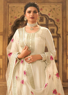 3 Pc Cream Semi Stitched Silk Suit Set