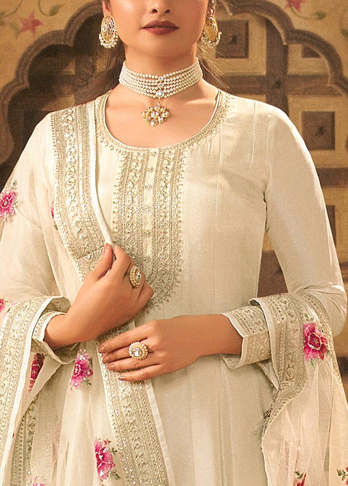 3 Pc Cream Semi Stitched Silk Suit Set