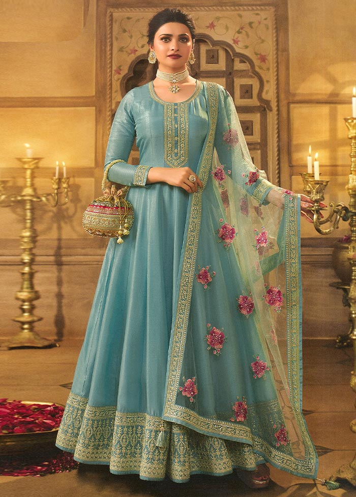 3 Pc Blue Semi Stitched Silk Suit Set