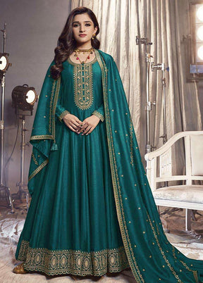 3 Pc Teal Semi Stitched Silk Suit Set