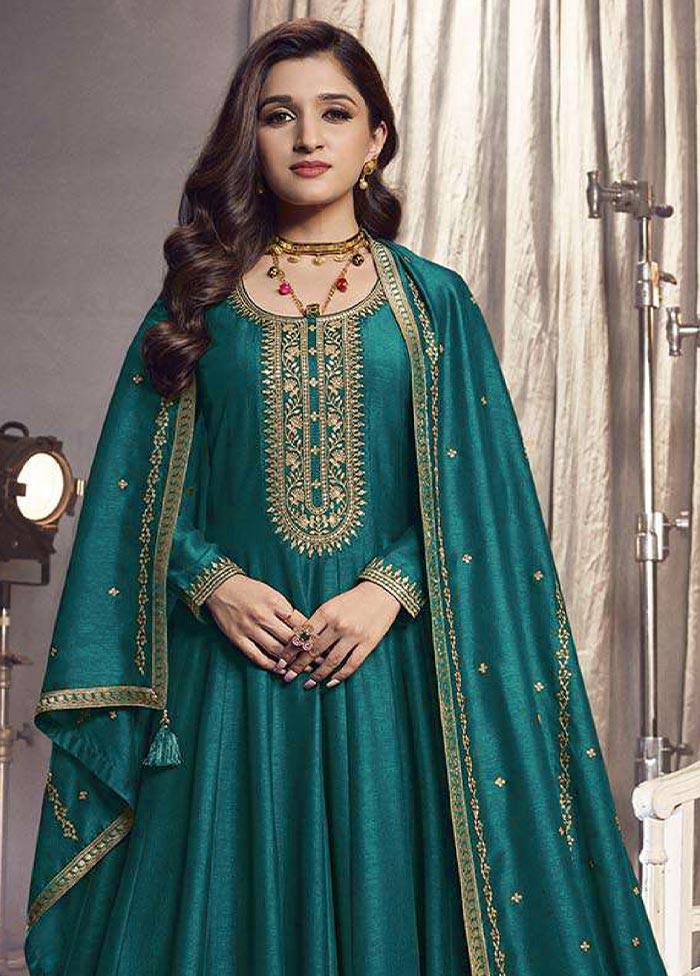 3 Pc Teal Semi Stitched Silk Suit Set