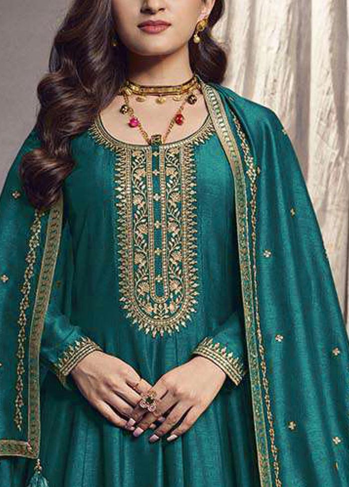 3 Pc Teal Semi Stitched Silk Suit Set