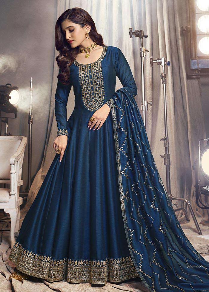 3 Pc Blue Semi Stitched Silk Suit Set