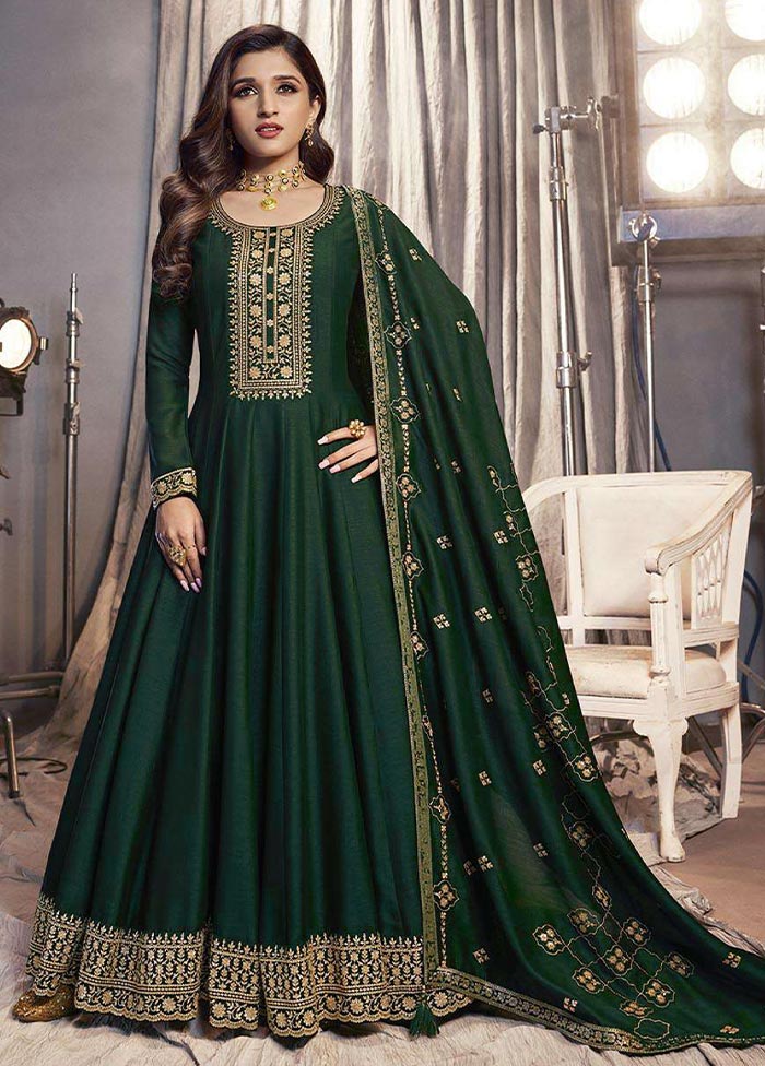 3 Pc Green Semi Stitched Silk Suit Set