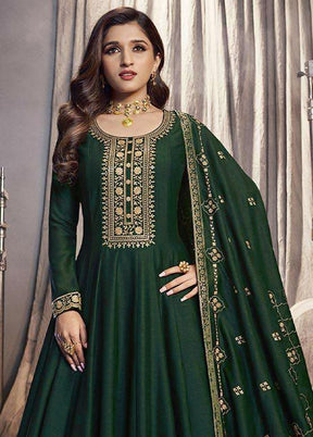 3 Pc Green Semi Stitched Silk Suit Set