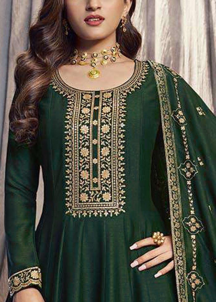 3 Pc Green Semi Stitched Silk Suit Set