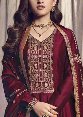 3 Pc Maroon Semi Stitched Silk Suit Set