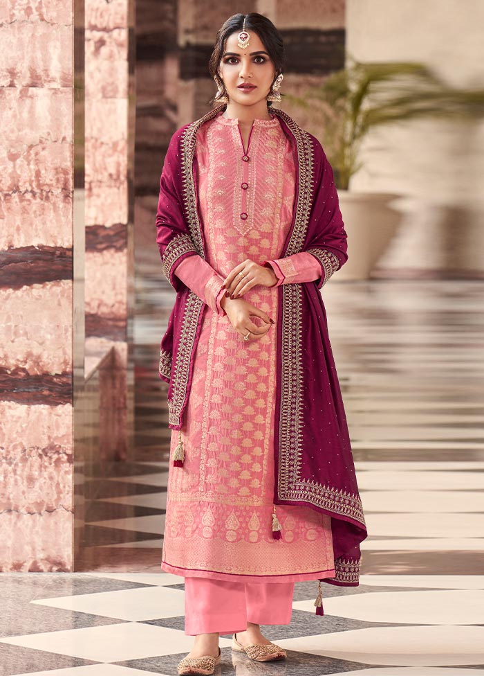 3 Pc Pink Semi Stitched Silk Suit Set