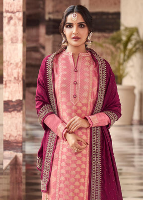 3 Pc Pink Semi Stitched Silk Suit Set