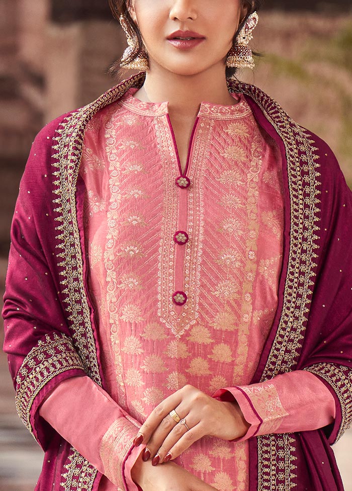 3 Pc Pink Semi Stitched Silk Suit Set