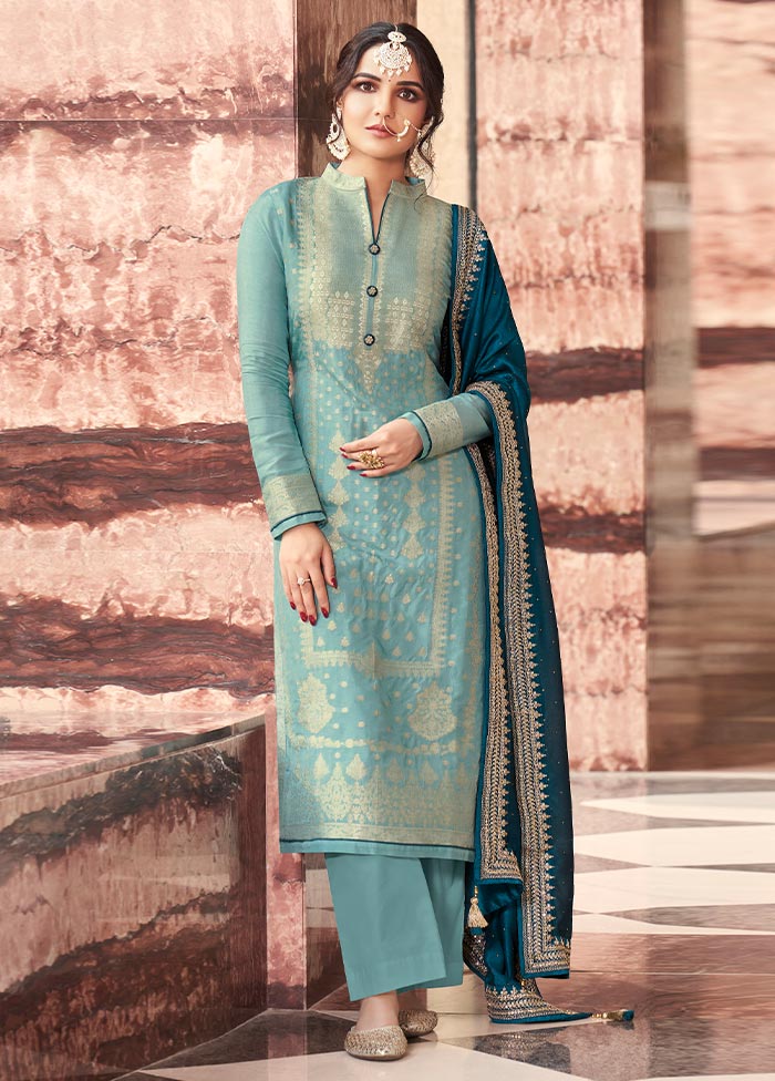 3 Pc Sky Blue Semi Stitched Silk Suit Set