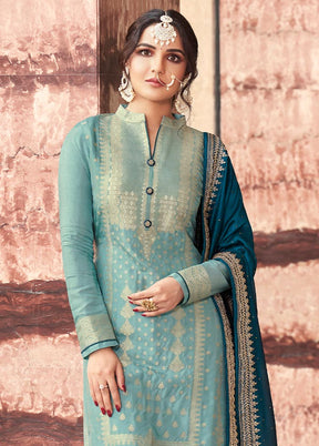 3 Pc Sky Blue Semi Stitched Silk Suit Set