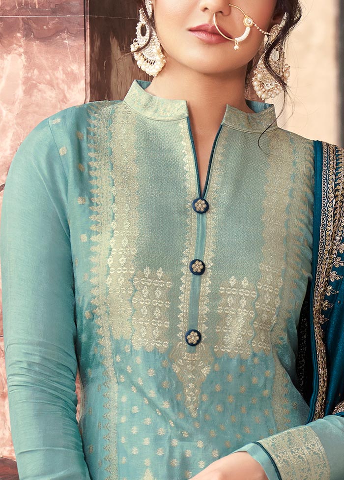 3 Pc Sky Blue Semi Stitched Silk Suit Set